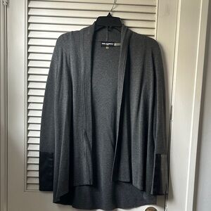Karl Lagerfeld grey cardigan with faux leather trim on sleeve. Small